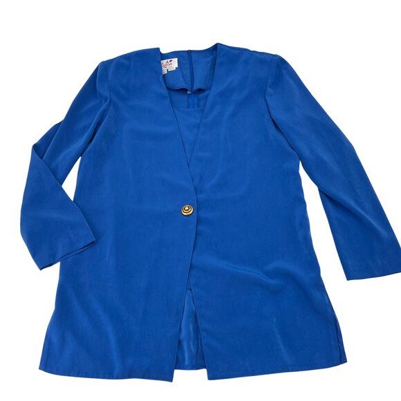Vintage Caron Chicago Women's Royal Blue Long Blazer Gold Button Size 12 Silk - Picture 1 of 7